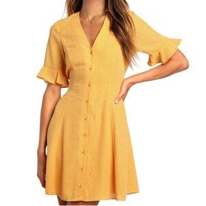 Lulus Castana Mustard Yellow Button-Up Dress With Ruffle Sleeves & Tie Back XL